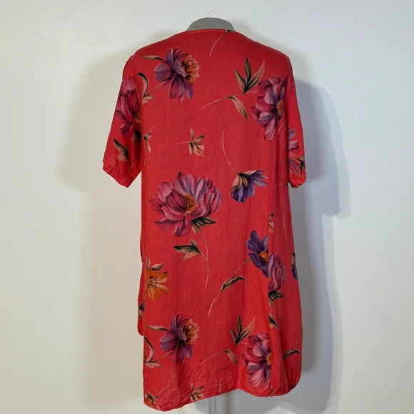 Bella Amore Linen Dress Women’s Medium Orange Red Purple Pockets Floral V-Neck - Picture 5 of 13